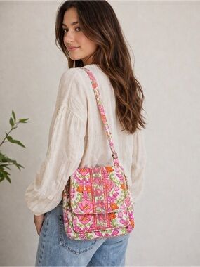 Vera Bradley Pink Floral Quilted Crossbody with Orange & Green Accents